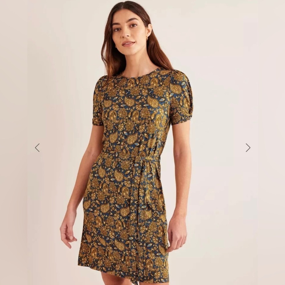 NWT BODEN Knot Detail Jersey Dress Women's 14L Harvest Gold, Paisley Terrace